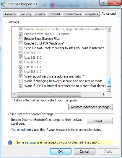 Internet options screen in Chrome with TLS options checked