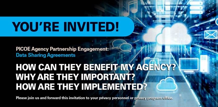 Graphical invite to the Data Sharing Agreements Partnership Engagement Event: How can they benefit my agency? Why are they important? How are they implemented? Details about the event shown in the text below the image